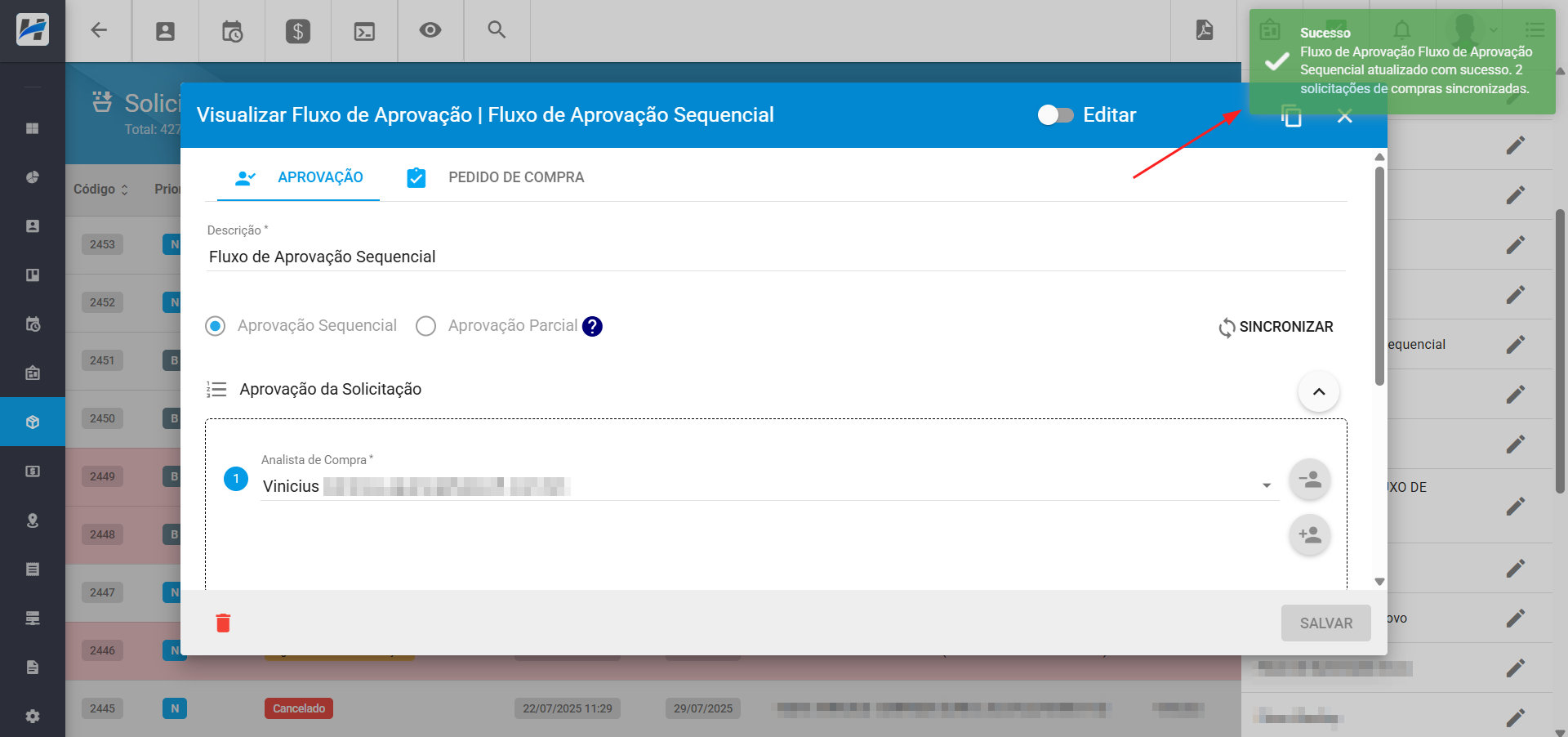 imagem_que_mostra_solicitacao_de_compra_fluxo_de_aprovacao_opcao_sincronizar_sucesso