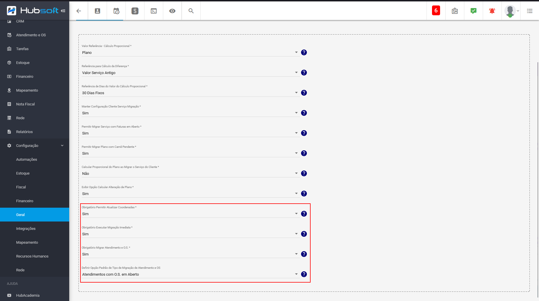 Imagem que mostra como configurar regras obrigatorias para a migracao