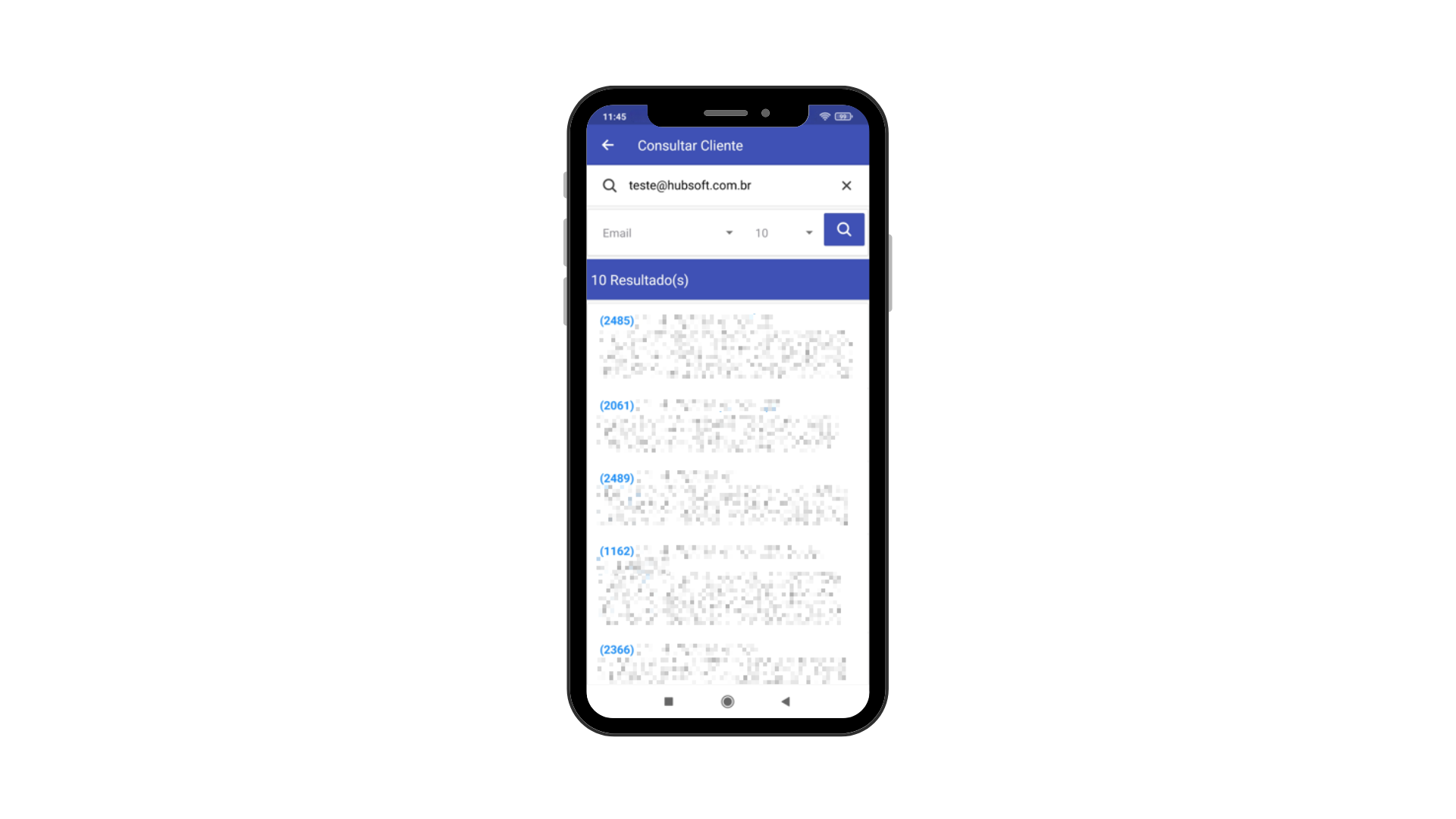Imagem que mostra como consultar clientes por email pelo app