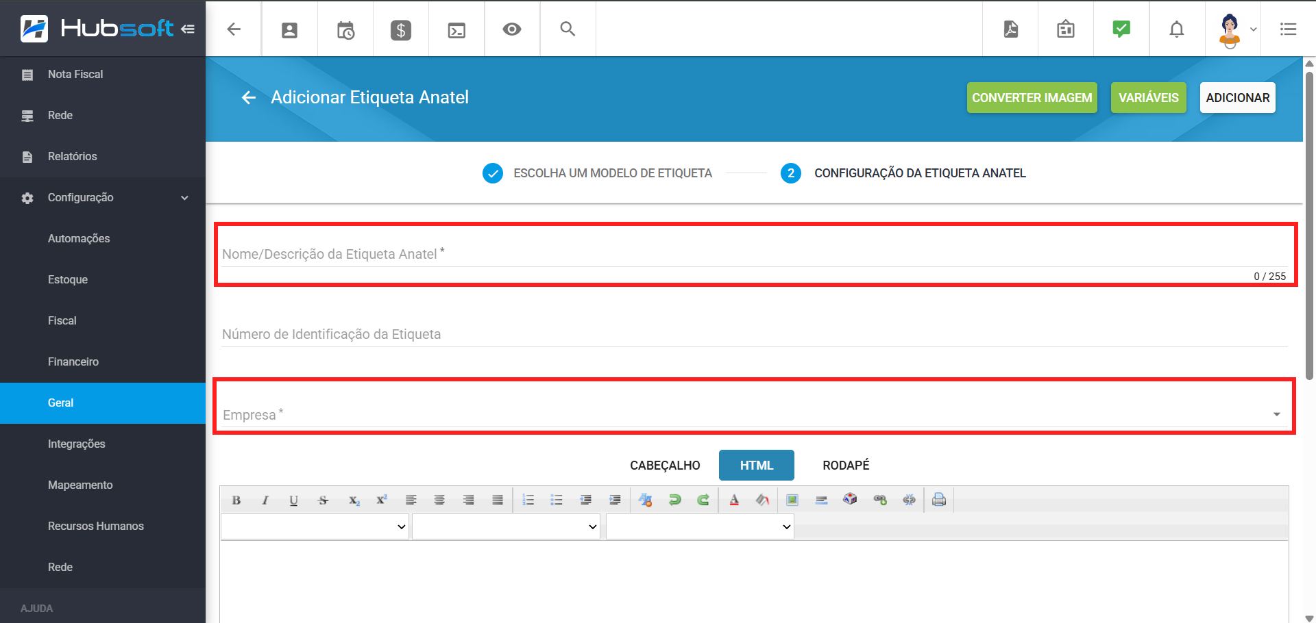 menu_lateral_configuracao_geral_etiqueta_anatel_preenchendo_dados