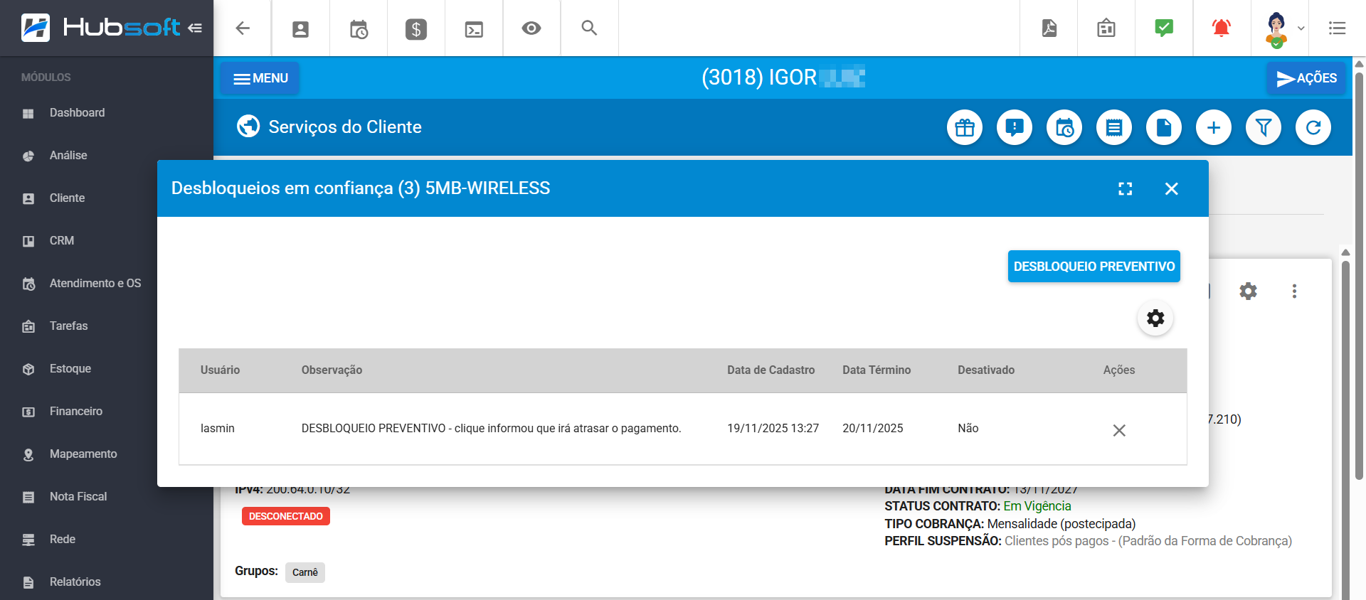 imagem_que_mostra_servicos_do_cleinte_outras_opcoes_ver_desbloqueios_em_confiança_desbloqueio_preventivo_adicionar